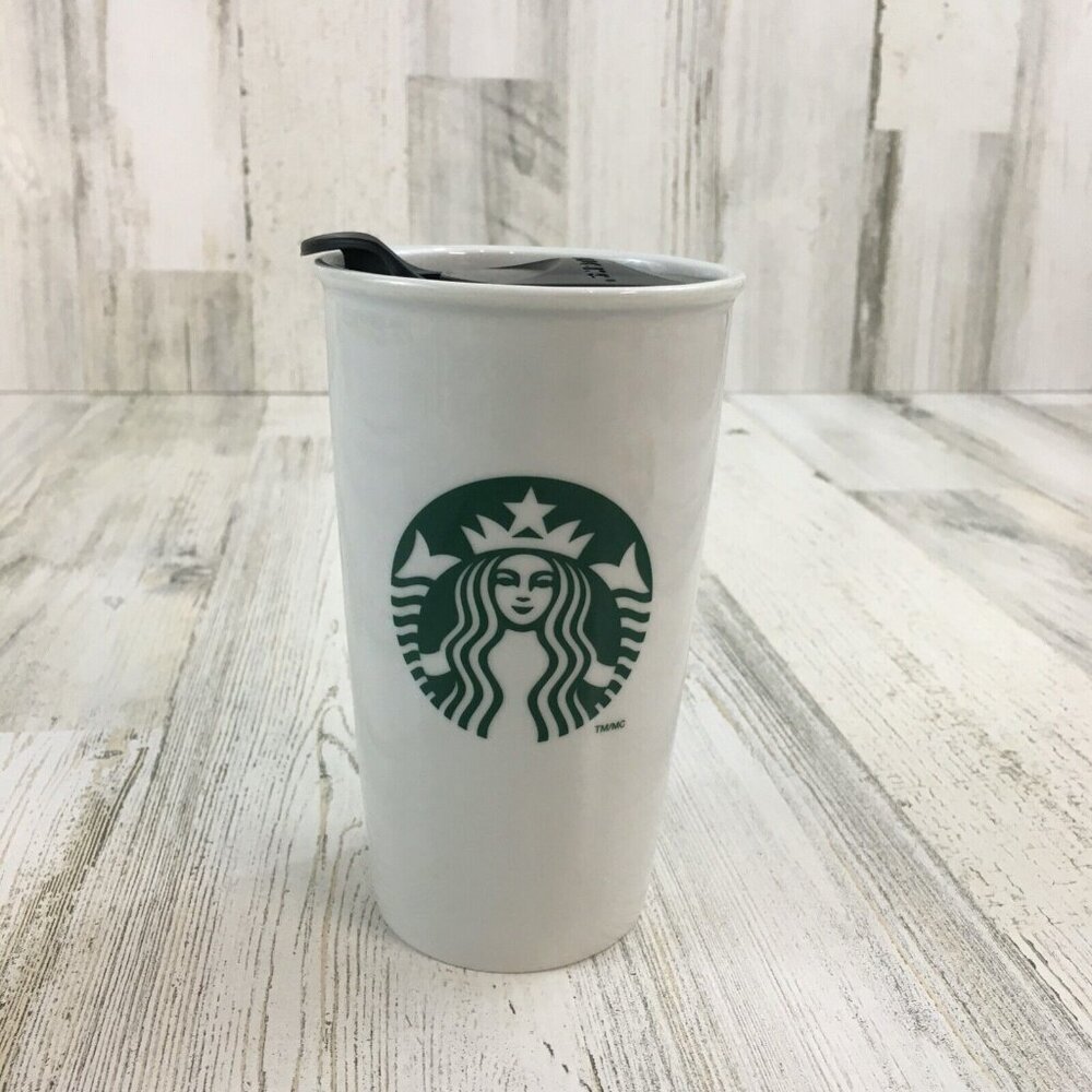 2011 Starbucks Green Siren Logo Ceramic Travel Mug 12 oz White Tumbler With Lid